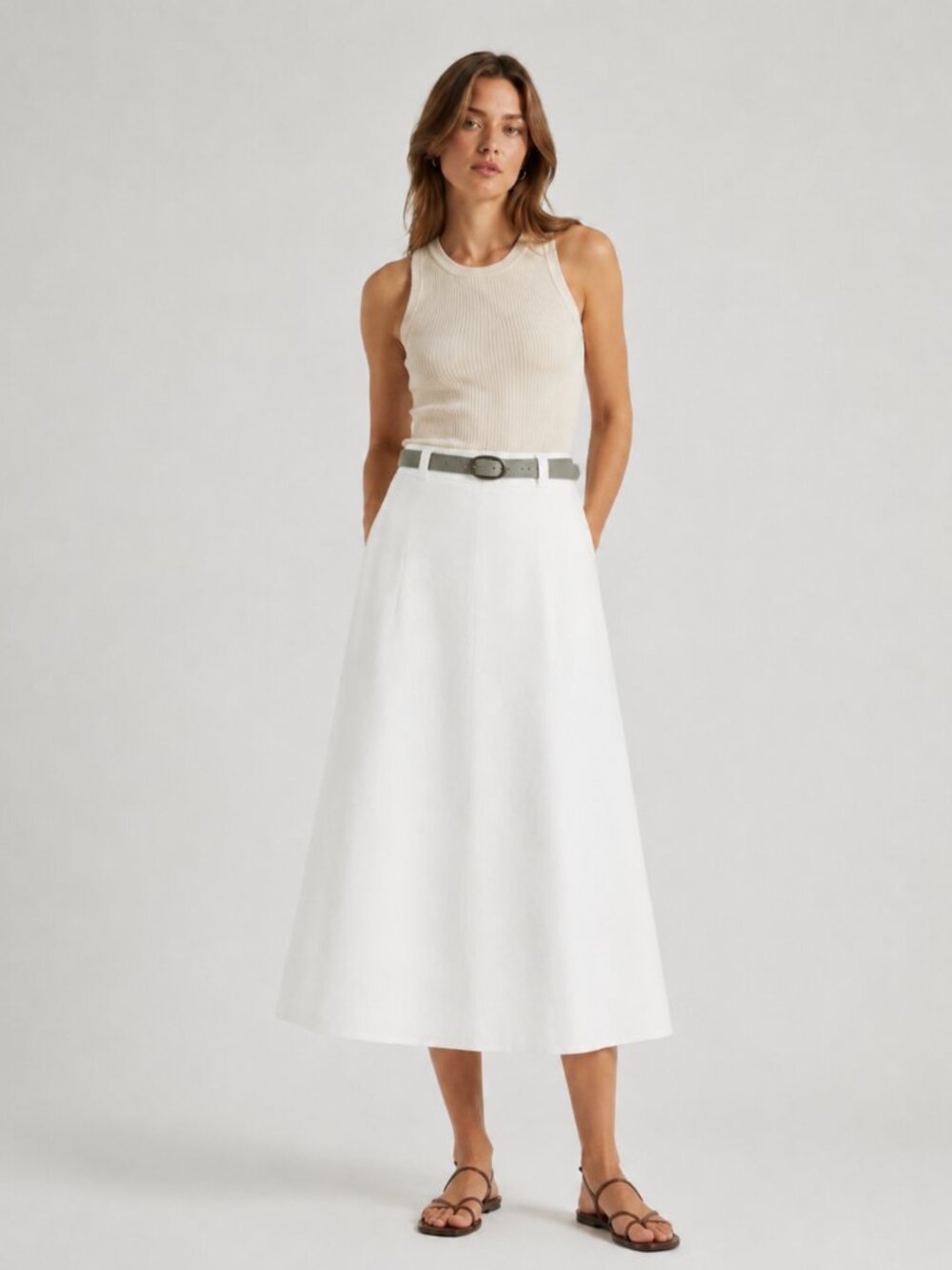 Elegant White Pleated Belted Midi Skirt